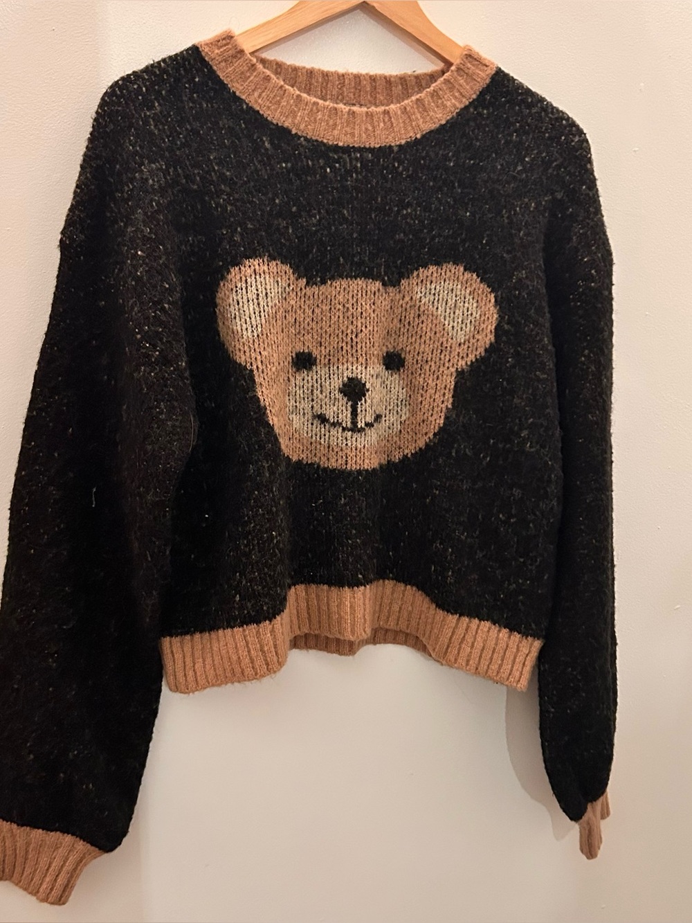 Anthropologie Black Sweater with Tan Bear Intarsia